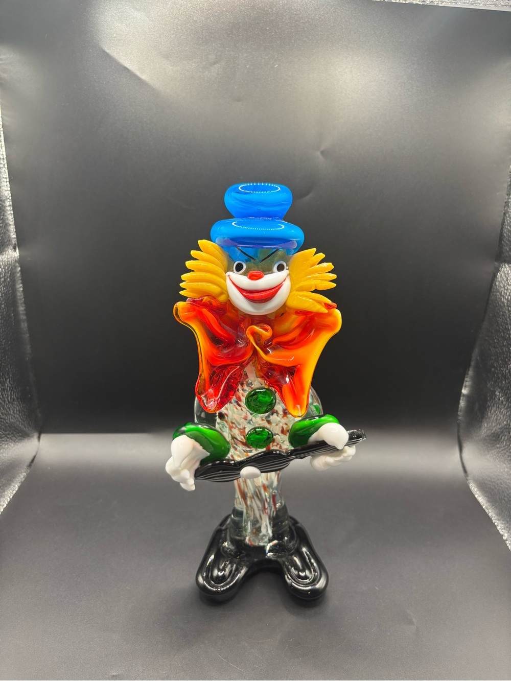 Rare Vintage Hand Blown 11” Murano Multicolor Glass Clown With Guitar Italy Made